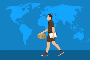 与送货员一起在全球范围内交付包裹的图示。