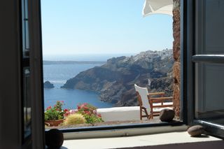 白色、镶框、窗户、棕色、扶手椅、圣托里尼、视图、建筑