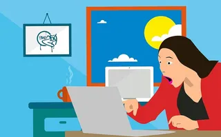 一个女人被她在电脑屏幕上看到的东西震惊的插图。