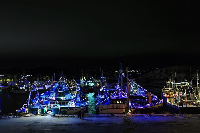 加拿大纽芬兰和拉布拉多德格雷夫港——2017年12月22日。2017年12月22日，在德格雷夫港拍摄的夜晚用灯光庆祝圣诞节的渔船。