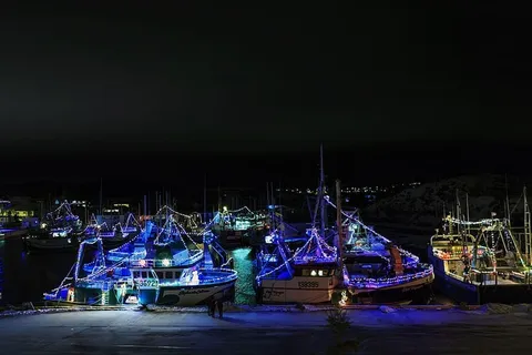 加拿大纽芬兰和拉布拉多德格雷夫港——2017年12月22日。2017年12月22日，在德格雷夫港拍摄的夜晚用灯光庆祝圣诞节的渔船。