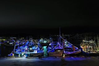 加拿大纽芬兰和拉布拉多德格雷夫港——2017年12月22日。2017年12月22日，在德格雷夫港拍摄的夜晚用灯光庆祝圣诞节的渔船。