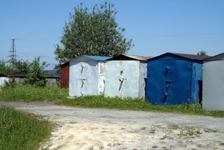 车库，薄板，金属，村庄，汽车，薄板，合金，天空，生锈