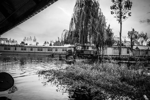 场景，水，达尔湖，壁纸，黑白，克什米尔，晚上，shikara骑行