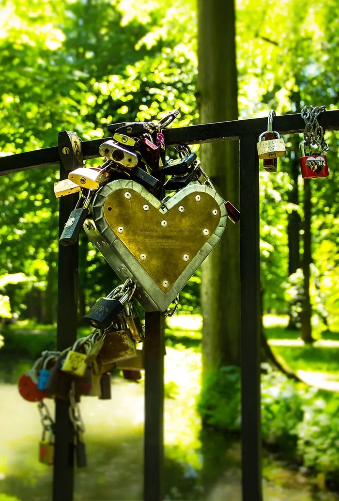 黑色金属条上的不锈钢和棕色心形锁