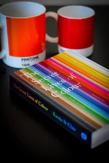 两个白色和红色的陶瓷杯，靠近彩书的秘密生活