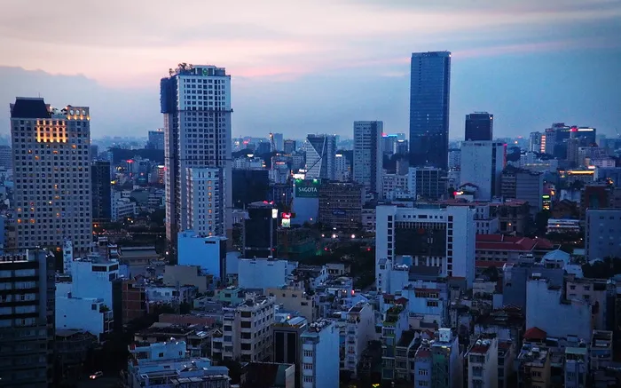 越南、胡志明市、hcmc、摩天大楼、城市景观、西贡、日落、建筑