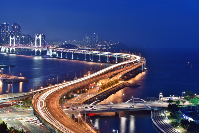 延时摄影，布鲁克林大桥，釜山夜景，光安大桥，夜晚，大海，夜景，釜山