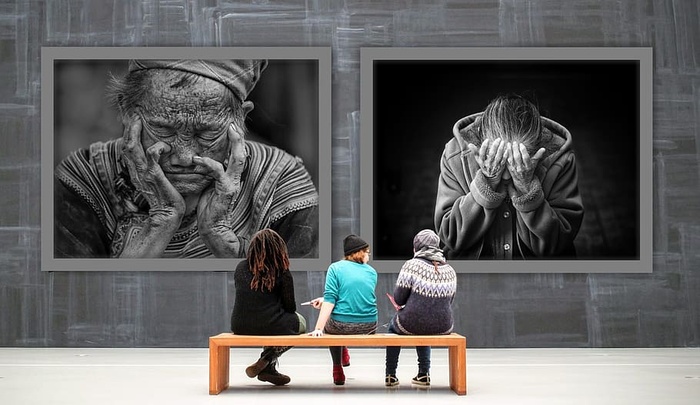 三，女人，棕色，木制，长凳，正面，绘画，画廊