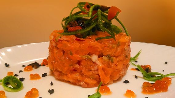 三文鱼，鞑靼，餐厅，美味，厨房，结束，盘子，食物