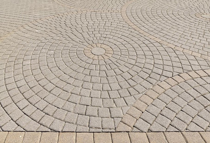 灰色混凝土路，补丁，铺路石，圆圈，约，复合石，混凝土块，铺砌