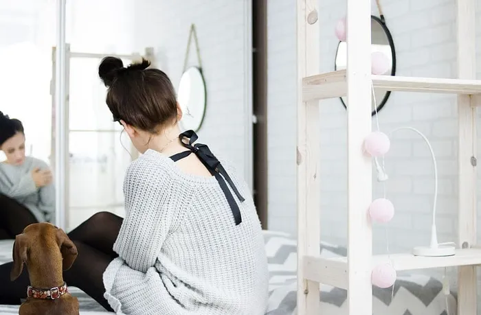 女人，狗，镜子，卧室，白色，迷你，腊肠，项圈