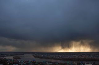 夜、场景、Ufa、街道、城市、城市景观、黄昏