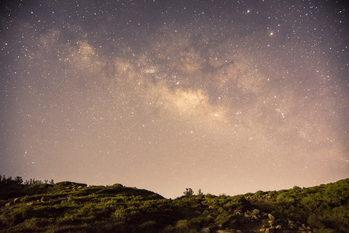 星云，绿色，田野，恒星，夜晚，山脉，蓝色，银河