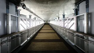 走道、透视、安全、混凝土、钢架、自然光、坚固、庄重