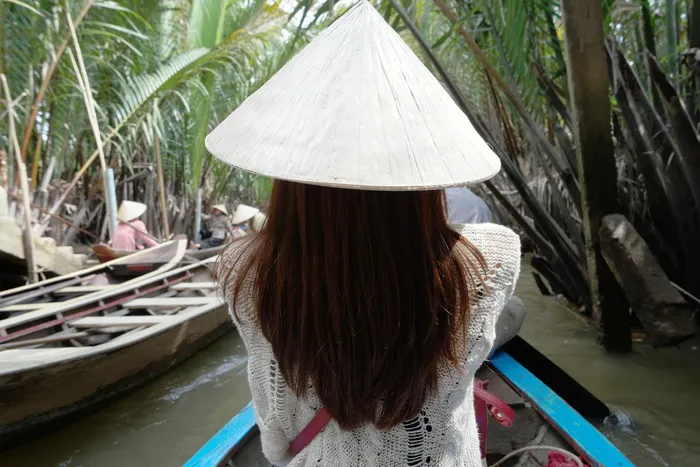 女人，穿着，圆锥形，骑马，划船，越南，湄公河，湄公江