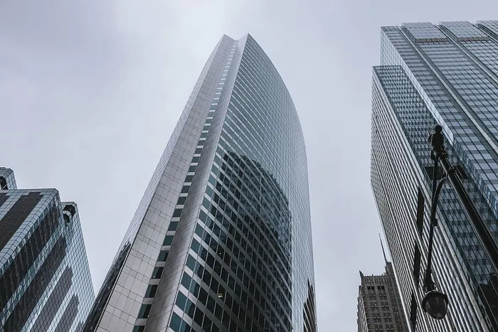 镜像高层建筑，低，角度，摄影，高层，高层建筑，建筑，建筑