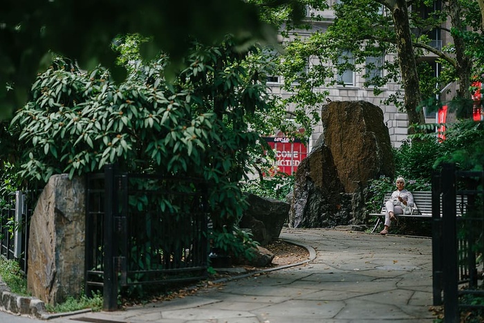 坐在长凳上被植物包围的女人