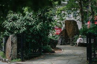 坐在长凳上被植物包围的女人