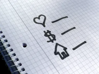 心形、美元符号、房子、书写、划线、纸张、清单、选择