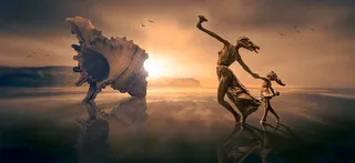 幻想，海滩，女人，孩子，贝壳，太阳，奔跑，天空