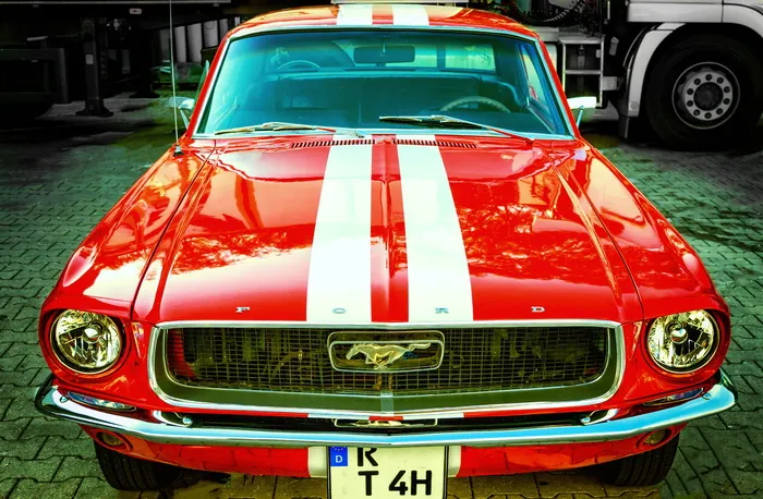红色、白色、福特野马、停车、卡车、pkw、oldtimer、福特