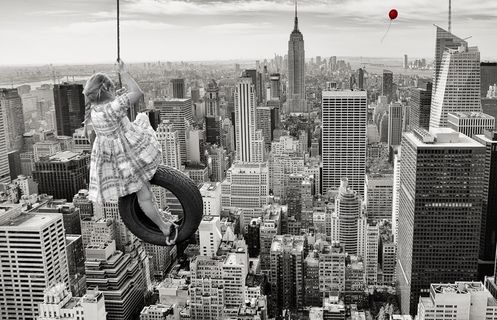灰度照片，女孩，悬挂，摇摆，纽约，纽约，纽约