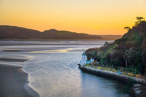 portmeirion，英国，沙子，日落，树木，塔，意大利，天空