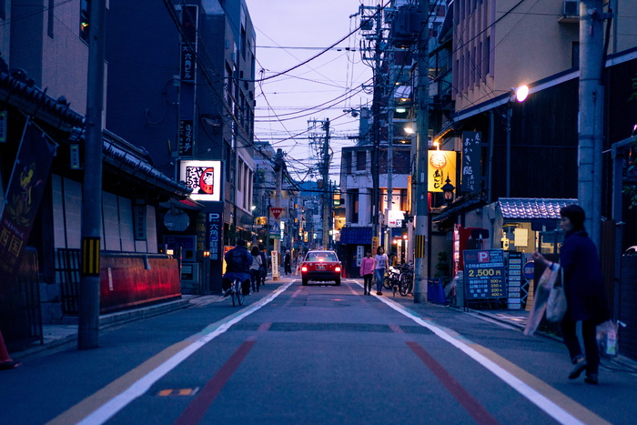 混凝土路、交通、街道、京都、常规、日落、日本、人