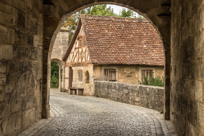 rothenburg fachwerkhaus拱门照片，历史，城市，桁架，古城，建筑