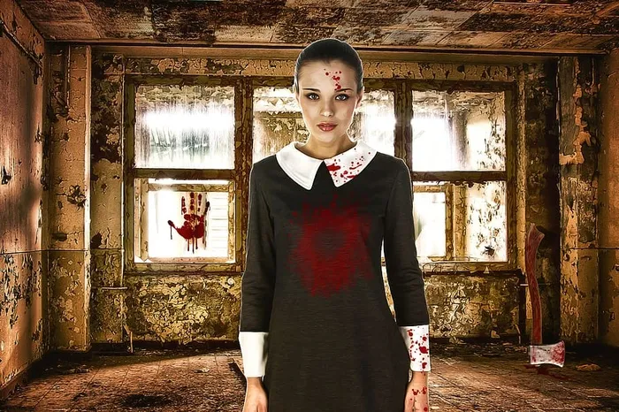 女士，黑色，白色，长袖，连衣裙，站立，玻璃窗，女性