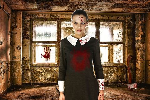 女士，黑色，白色，长袖，连衣裙，站立，玻璃窗，女性