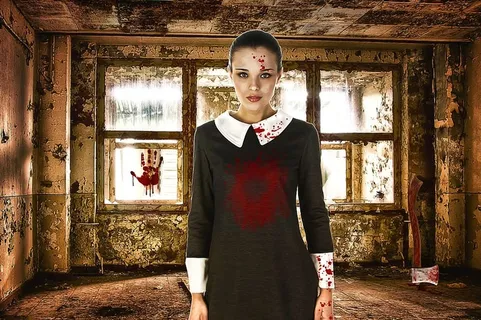 女士，黑色，白色，长袖，连衣裙，站立，玻璃窗，女性