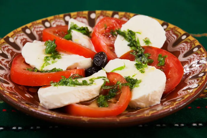白，奶酪，番茄片，盘子，食物，沙拉，caprese，餐
