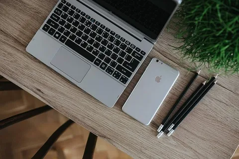 银色宏碁笔记本电脑放在一张木桌子上，上面有一株绿色植物、铅笔和一部苹果iPhone