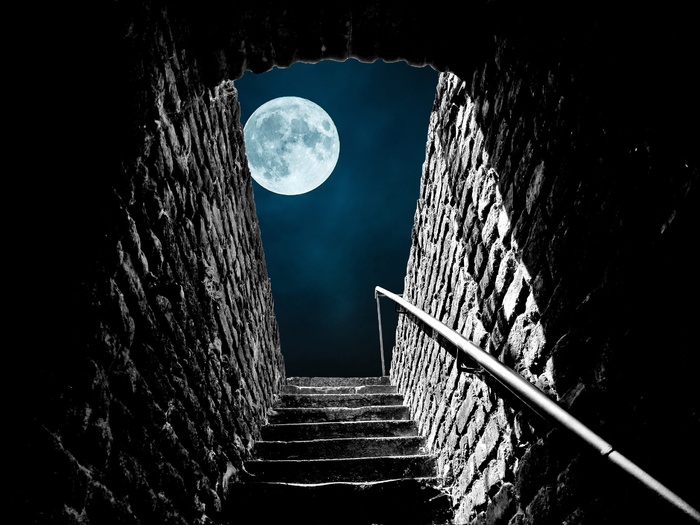 灰色，混凝土，楼梯，满月，夜间，石头楼梯，上升