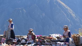 秘鲁、高原、卖家、服装、人群、帽子、山脉、自然