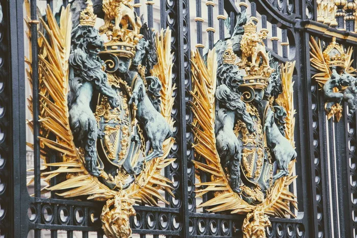 金色、灰色、黑色、金属门、伦敦、白金汉宫、详图、围栏