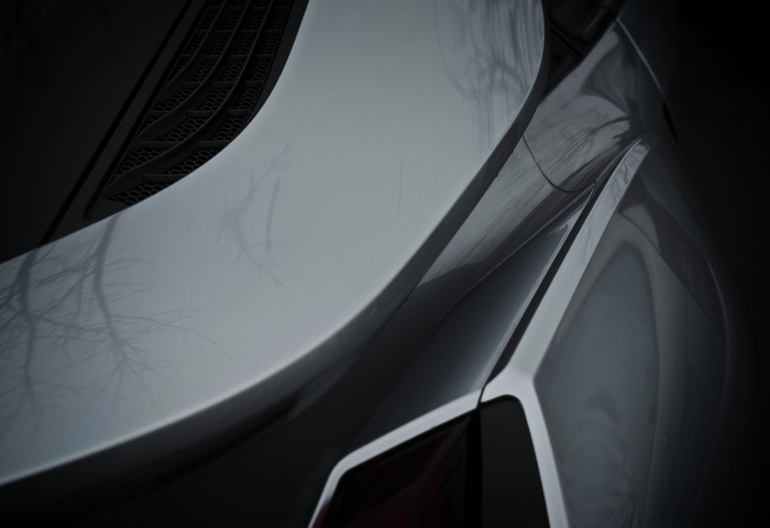 在汽车的倒影中观察树木。