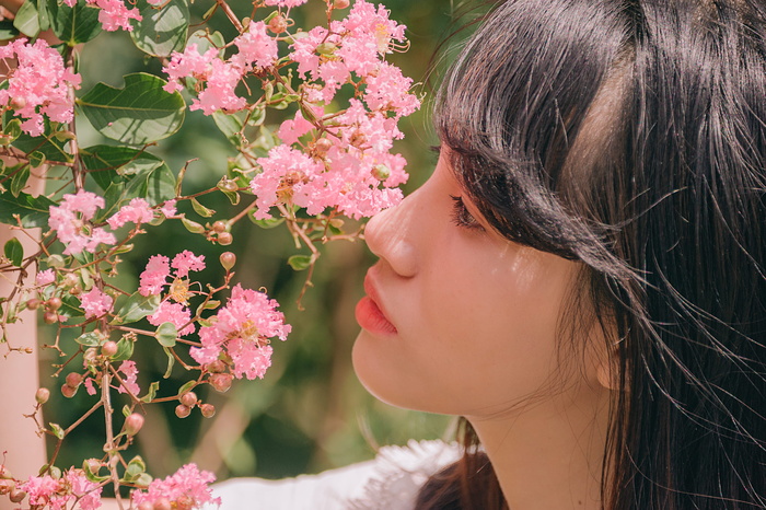 粉红色花朵旁女孩的特写照片