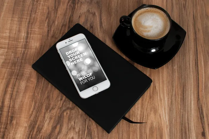 银色iphone 6，顶部，黑色，笔记本，陶瓷，咖啡杯，茶碟，ipad