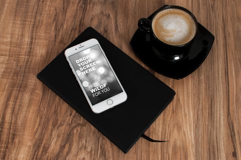 银色iphone 6，顶部，黑色，笔记本，陶瓷，咖啡杯，茶碟，ipad