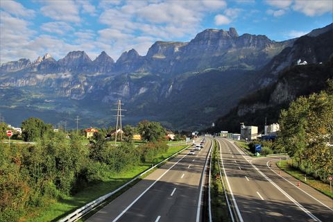 阿尔卑斯山、公路、全景、远景、公路、旅行、交通，请参见