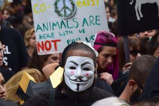 集会、游行、标志、*者、面具、动物权利、*、示威