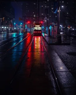 夜间候车站旁有轨电车照片 夜间候车站旁有轨电车照片