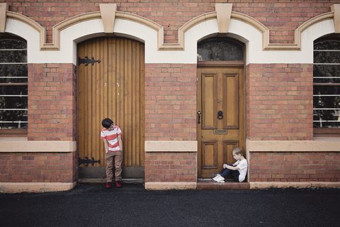 手，人，街道，建筑物，建筑，男孩，砖墙，砖块