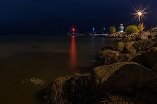 灯塔，树，白色，蓝色，旁边，身体，水，黑暗