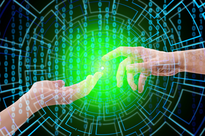 人、手、矩阵代码、技术、开发人员、触摸、手指、人工智能