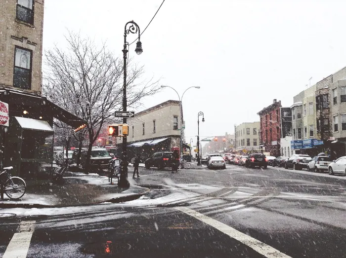 城市、街道、纽约、纽约、人行横道、十字路口、汽车、积雪
