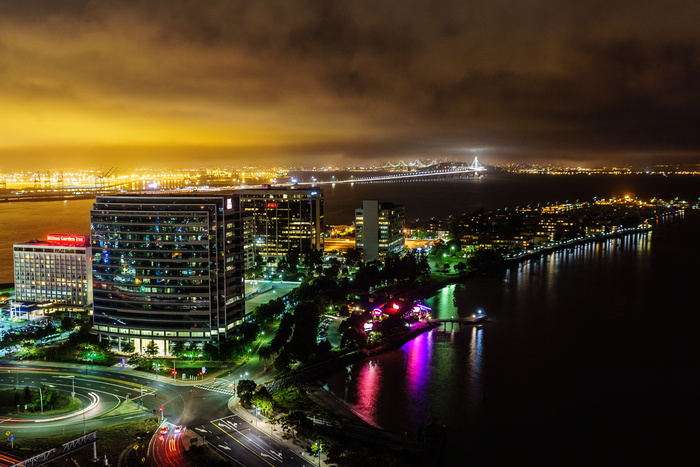 埃默里维尔, 湾区, 海湾大桥, 夜, 建筑物, 城市, 体系结构, 照明